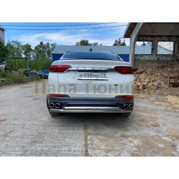 Защита заднего бампера d57+d57 двойная Slitkoff для Geely Tugella 2020-