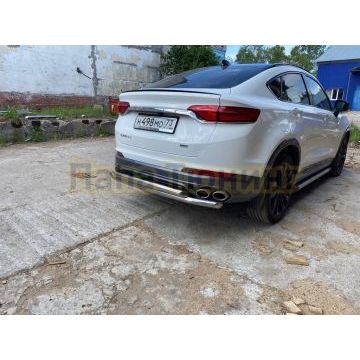 Защита заднего бампера d57+d57 двойная Slitkoff для Geely Tugella 2020-
