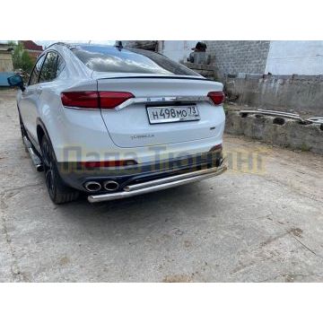 Защита заднего бампера d57+d42 двойная Slitkoff для Geely Tugella 2020-