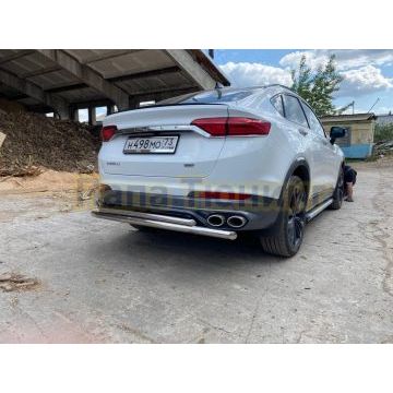 Защита заднего бампера d57+d42 двойная Slitkoff для Geely Tugella 2020-