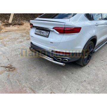 Защита заднего бампера d57+d42 двойная Slitkoff для Geely Tugella 2020-