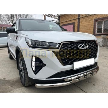 Защита переднего бампера двойная с перемычками Папа Тюнинг для Chery Tiggo 7 Pro Max 2022-