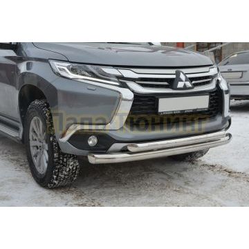 Защита переднего бампера двойная с пластин d76/60 для Mitsubishi Pajero Sport 2016-2021