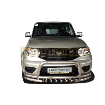 Защита переднего бампера «акула»+ низкая скоба d60/60/42 для УАЗ Патриот 2015-2017