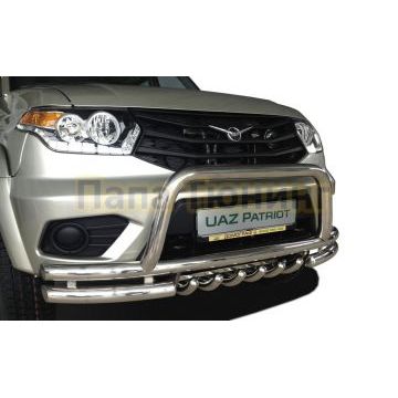 Защита переднего бампера «акула»+ низкая скоба d60/60/42 для УАЗ Патриот 2015-2017