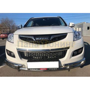 Защита переднего бампера Папа Тюнинг двойная (верх+2коротких)с перемычками d60/42 для Haval H5 2020-2024