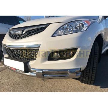 Защита переднего бампера Папа Тюнинг двойная (верх+2коротких)с перемычками d60/42 для Haval H5 2020-2024