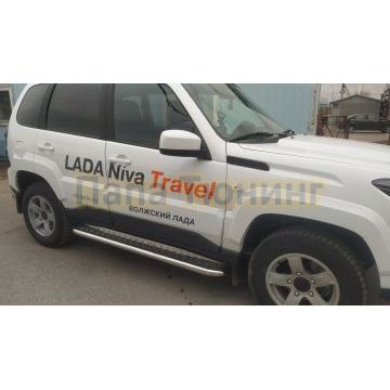 Пороги с накладным листом d53 Папа Тюнинг для Lada Niva Travel 2021-