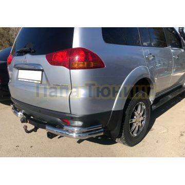 Защита заднего бампера угловая двойная d76/42 Папа Тюнинг для Mitsubishi Pajero Sport 2008-2015