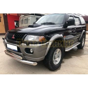 Защита переднего бампера двойная d76/75х42 овал Папа Тюнинг для Mitsubishi Pajero Sport 1998-2007