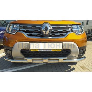 Защита переднего бампера двойная с перемычками d60/42 Папа Тюнинг для Renault Duster 2021-