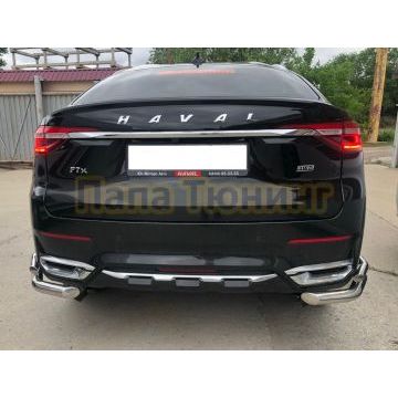 Защита заднего бампера угловая двойная d60/42 Папа Тюнинг для Haval F7/F7x 2019-2022
