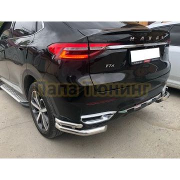 Защита заднего бампера угловая двойная d60/42 Папа Тюнинг для Haval F7/F7x 2019-2022