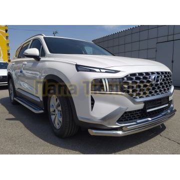 Защита переднего бампера двойная d60/42 Папа Тюнинг для Hyundai Santa fe 2021-