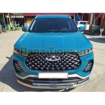 Защита переднего бампера двойная d60/42 Папа Тюнинг для Chery Tiggo 7 Pro 2021-