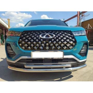 Защита переднего бампера двойная d60/42 Папа Тюнинг для Chery Tiggo 7 Pro 2021-