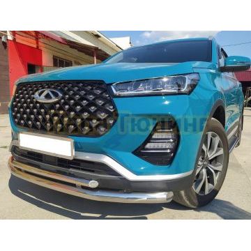 Защита переднего бампера двойная d60/42 Папа Тюнинг для Chery Tiggo 7 Pro 2021-