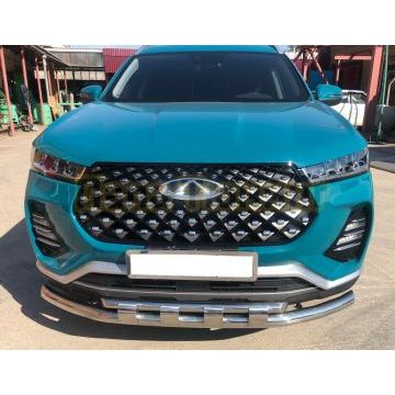 Защита переднего бампера двойная с перемычками d60/42 Папа Тюнинг для Chery Tiggo 7 Pro 2021-