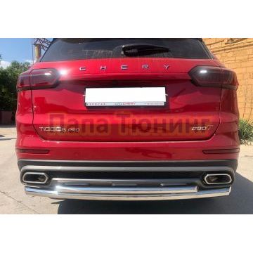 Защита заднего бампера двойная d60/42 Папа Тюнинг для Chery Tiggo 8 Pro 2021-