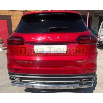 Защита заднего бампера двойная с перемычками d60/42 Папа Тюнинг для Chery Tiggo 8 Pro 2021-