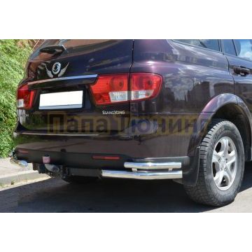 Защита заднего бампера угловая двойная d60/42 Папа Тюнинг для Ssang Yong Kyron 2007-