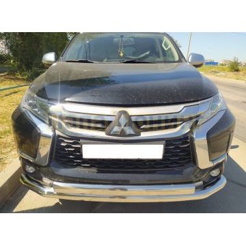 Защита переднего бампера двойная с двумя подгибами d76/75х42 Папа Тюнинг для Mitsubishi Pajero Sport 2016-2021