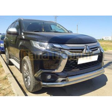 Защита переднего бампера двойная с двумя подгибами d76/75х42 Папа Тюнинг для Mitsubishi Pajero Sport 2016-2021