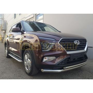 Защита переднего бампера двойная d60/42 Папа Тюнинг для Hyundai Creta 2021-