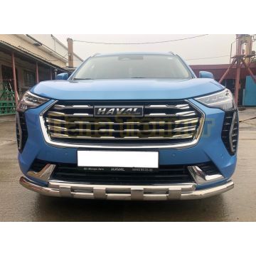 Защита переднего бампера двойная с перемычками d60/42 Папа Тюнинг для Haval Jolion 2021-