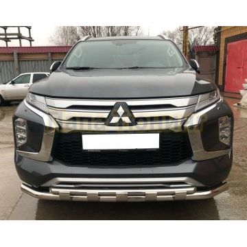 Защита переднего бампера двойная с перемычками d60/42 Папа Тюнинг для Mitsubishi Pajero Sport 2021-
