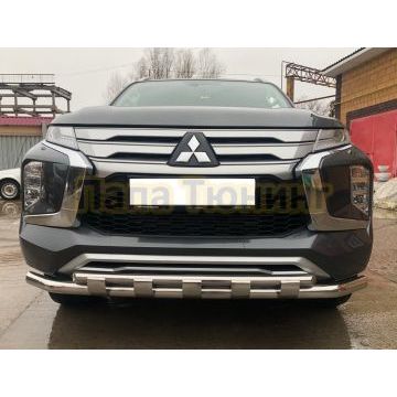 Защита переднего бампера двойная с перемычками d60/42 Папа Тюнинг для Mitsubishi Pajero Sport 2021-