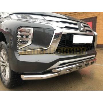 Защита переднего бампера двойная с перемычками d60/42 Папа Тюнинг для Mitsubishi Pajero Sport 2021-