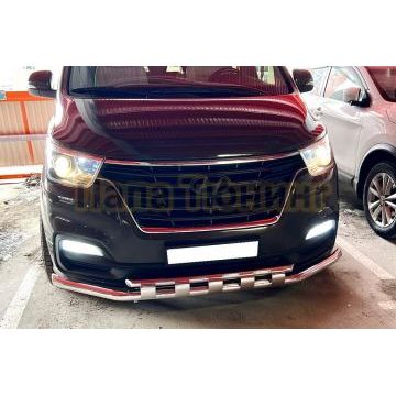 Защита переднего бампера двойная с перемычками Папа Тюнинг d60/42 для Hyundai H-1 Grand Starex 2018-