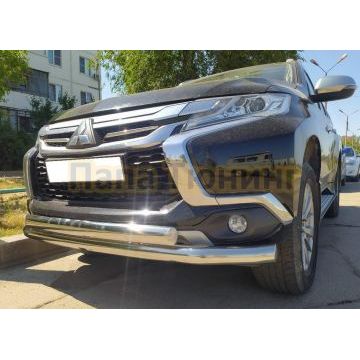 Защита переднего бампера двойная с двумя подгибами d60/75х42 овал Папа Тюнинг для Mitsubishi Pajero Sport 2016-2021