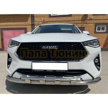 Защита переднего бампера двойная с подгибами с перемычками при отсутствии интерактивной камеры d60/42 Папа Тюнинг для Haval F7/F7x 2019-2022