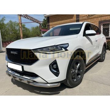 Защита переднего бампера двойная с подгибами с перемычками при отсутствии интерактивной камеры d60/42 Папа Тюнинг для Haval F7/F7x 2019-2022