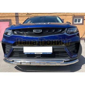 Защита переднего бампера двойная с перемычками d60/42 Папа Тюнинг для Geely Tugella 2021-