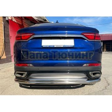 Защита заднего бампера угловая большая двойная d60/42 Папа Тюнинг для Geely Tugella 2021-