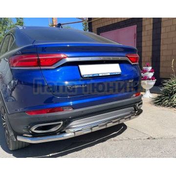 Защита заднего бампера угловая большая двойная с перемычками d60/42 Папа Тюнинг для Geely Tugella (2021-)