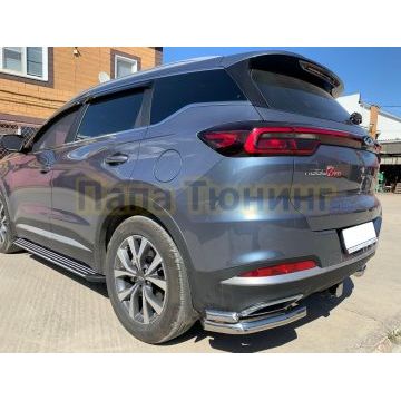 Защита заднего бампера угловая двойная d60/42 Папа Тюнинг для Chery Tiggo 7 Pro 2021-