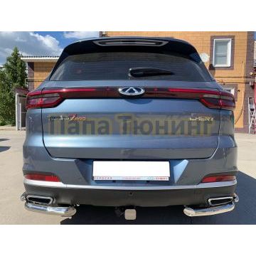 Защита заднего бампера угловая двойная d60/42 Папа Тюнинг для Chery Tiggo 7 Pro 2021-
