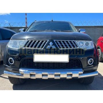 Защита переднего бампера двойная с перемычками d76/60 Папа Тюнинг для Mitsubishi Pajero Sport 2008-2015
