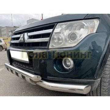 Защита переднего бампера двойная с перемычками Папа Тюнинг d76/60 для Mitsubishi Pajero4 2006-2017