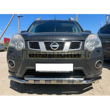 Защита переднего бампера двойная с перемычками Папа Тюнинг d60/42 для  Nissan X-trail 2010-2015 (Т31) Второе поколение (в т.ч. Рестайлинг 2010г.)