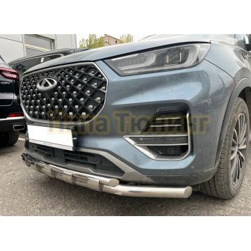 Защита переднего бампера двойная с перемычками Папа Тюнинг d60/42 для Chery Tiggo 8 pro 2021-