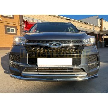 Защита переднего бампера двойная d60/42 Папа Тюнинг для Chery Tiggo 4 рестайлинг 2019-