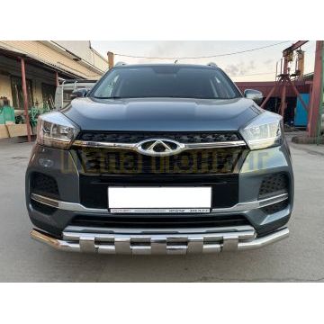 Защита переднего бампера двойная с перемычками d60/42 Папа Тюнинг для Chery Tiggo 4 рестайлинг 2019-