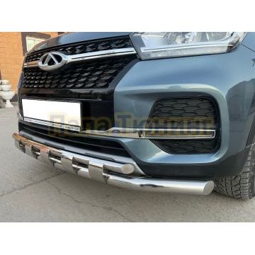 Защита переднего бампера двойная с перемычками d60/42 Папа Тюнинг для Chery Tiggo 4 рестайлинг 2019-