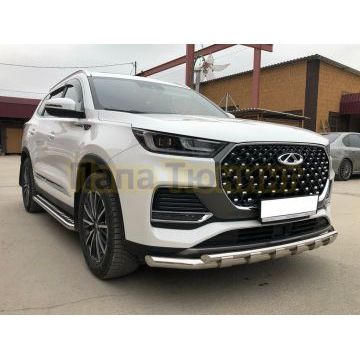 Защита переднего бампера двойная с перемычками Папа Тюнинг d60/42 для Chery Tiggo 8 Pro Max 2022-/Tiggo 8 Pro Max Рестайлинг 2024-