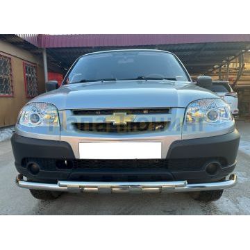 Защита переднего бампера двойная с перемычками с подгибами d53/42 Папа Тюнинг для Chevrolet Niva 2010-